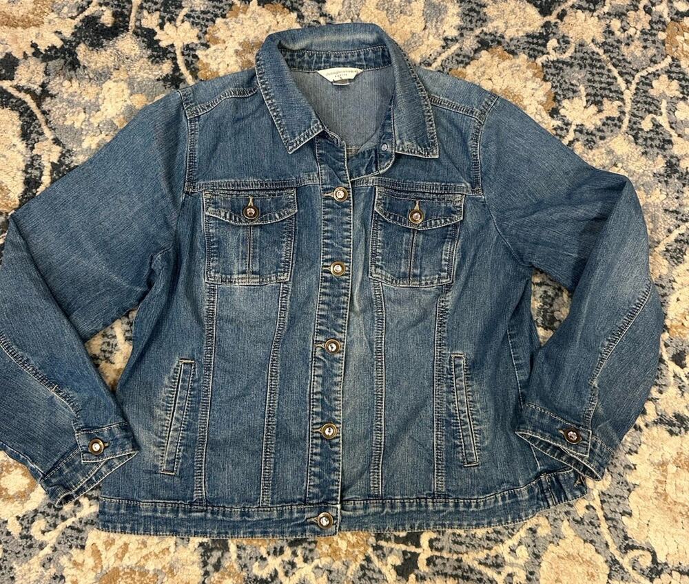 Christopher & Banks Denim Jean Jacket Women’s XL Petite Clear Rhinestone Buttons